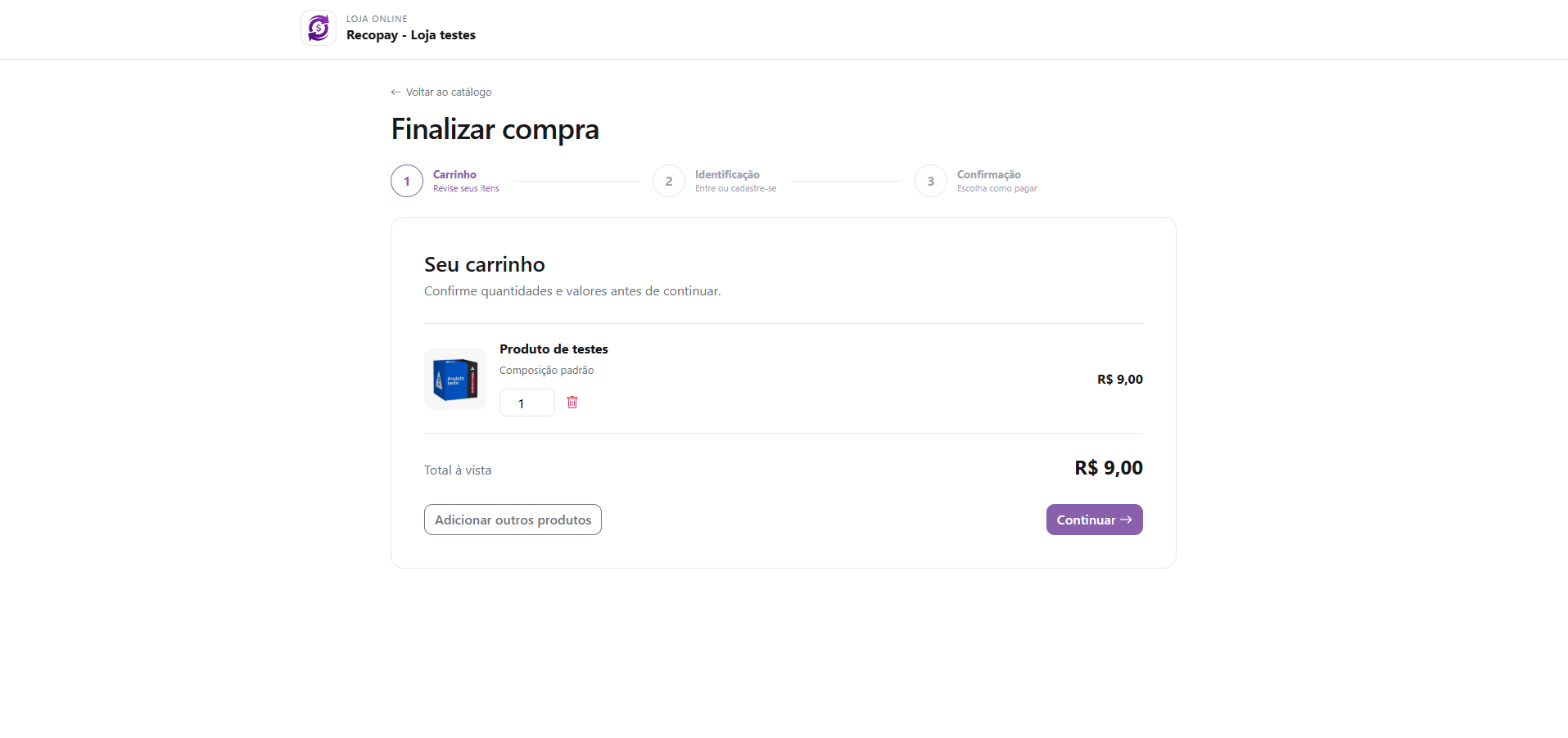 Checkout da loja com revisão de quantidades e valores antes da identificação e confirmação