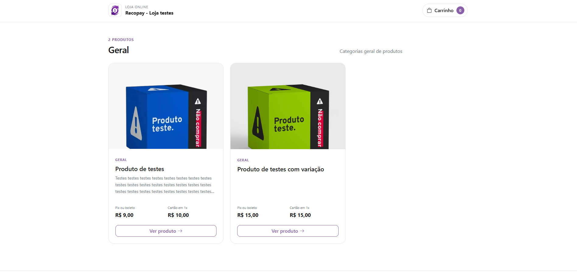 Loja online do RecoPay com catálogo, fotos e preços de produtos de demonstração