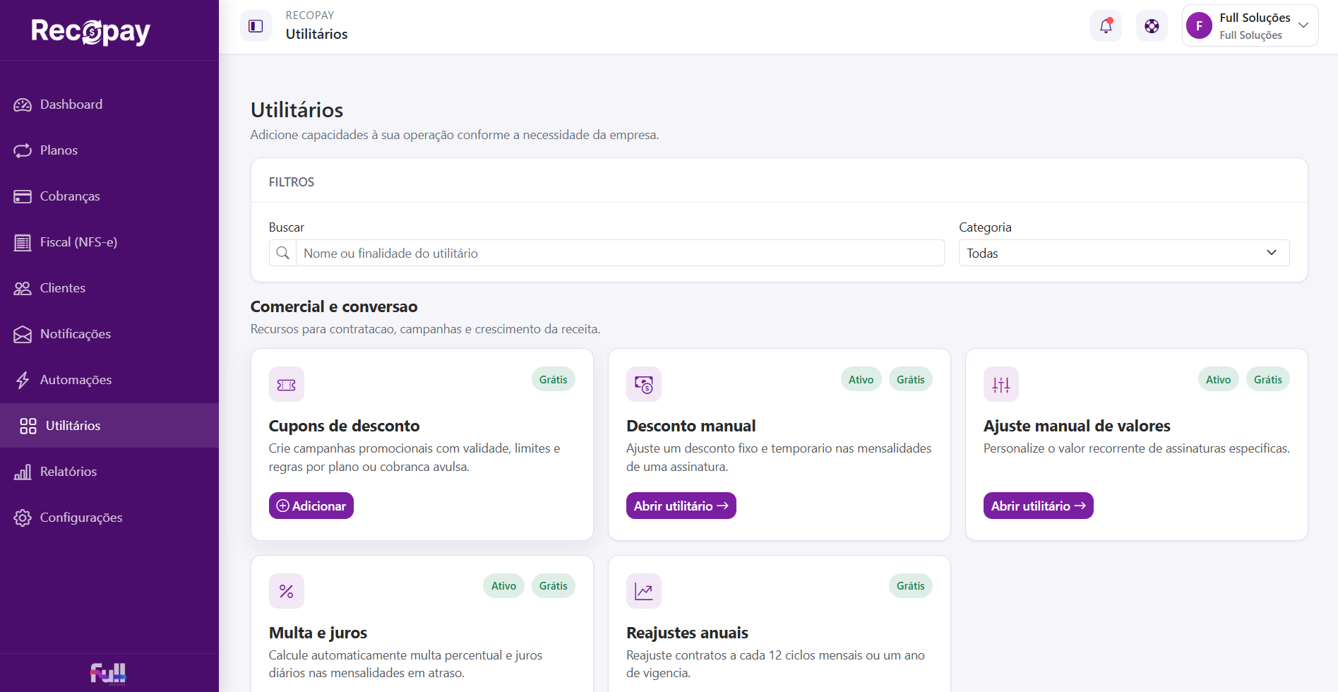 Loja de utilitários e recursos opcionais
